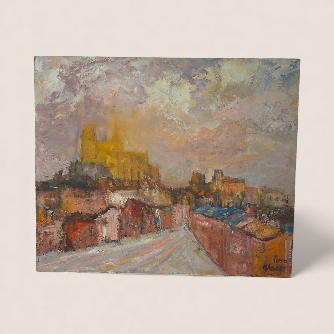 Emil Glocar (1906 - 1985, Czechoslovakia/Ohio/Wisconsin) Dated 1970 Village Scene: Measures approx 24 x 20 inches, signed. Father Emilian Glocar was ordained a priest of the Serbian Orthodox Church, he came to the United States in 1930, moved to Ohio, then onto Wisconsin where he be