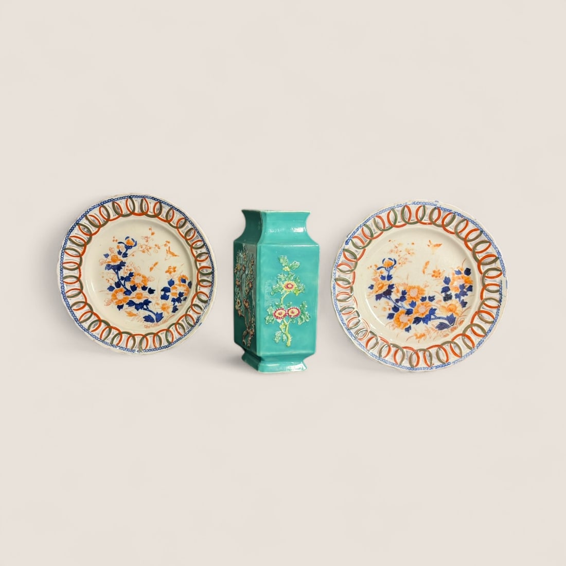 Japanese Vase And 2 Plates: A japanese 8 inch vase and 2 8 3/4 inch open edge plates. All good
