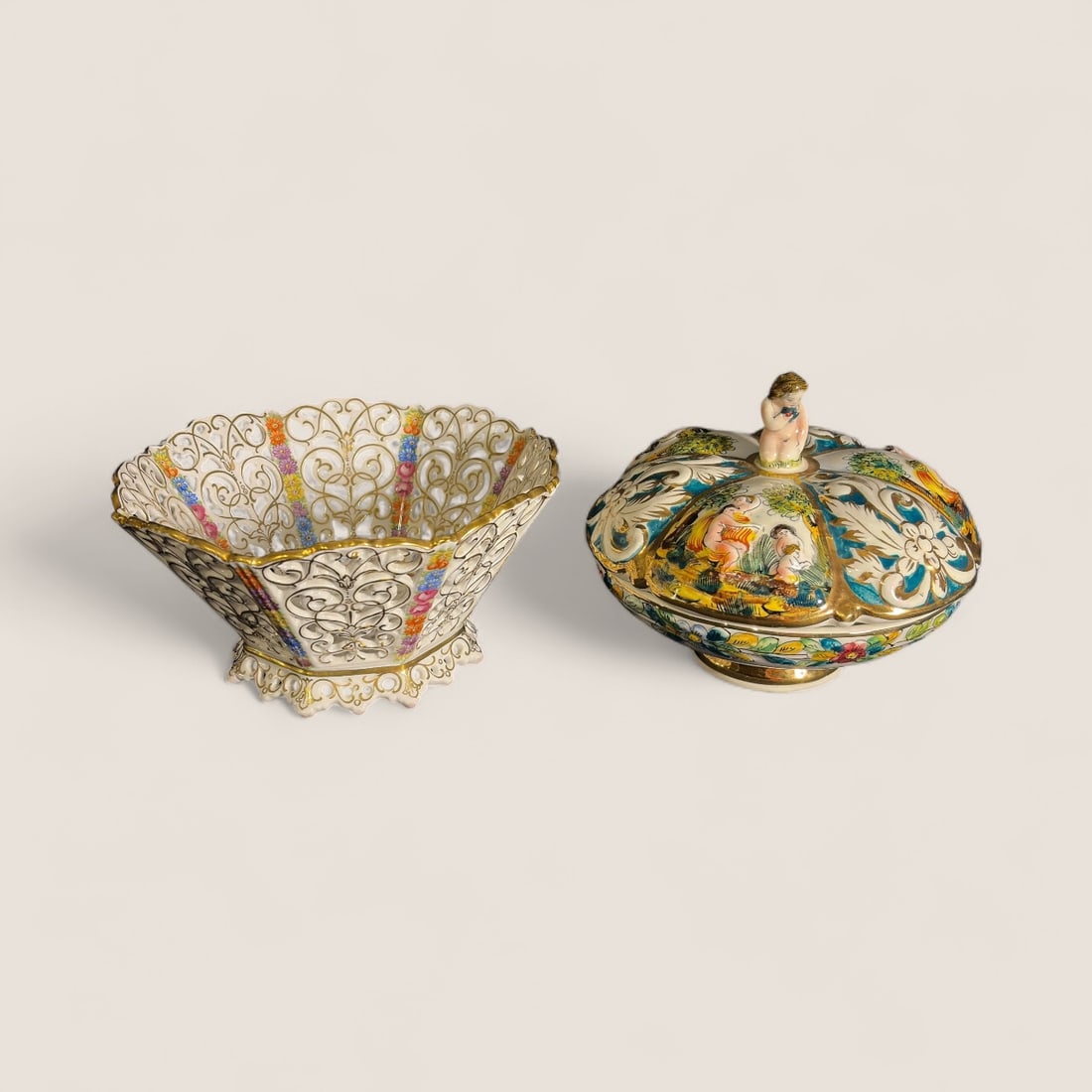 Capodimonte Covered Bowl & Open. Lattice Porcelain Fruit Bowl (1 of 1)