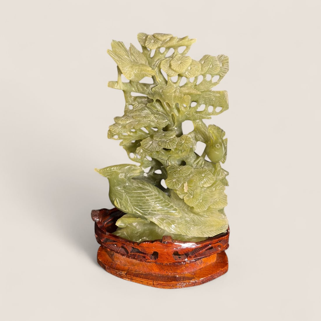 Marcus In Tree Jade Carving: Circa 1960-1970 Jade " Marcus In Tree " carving with stand in original case. Excellent