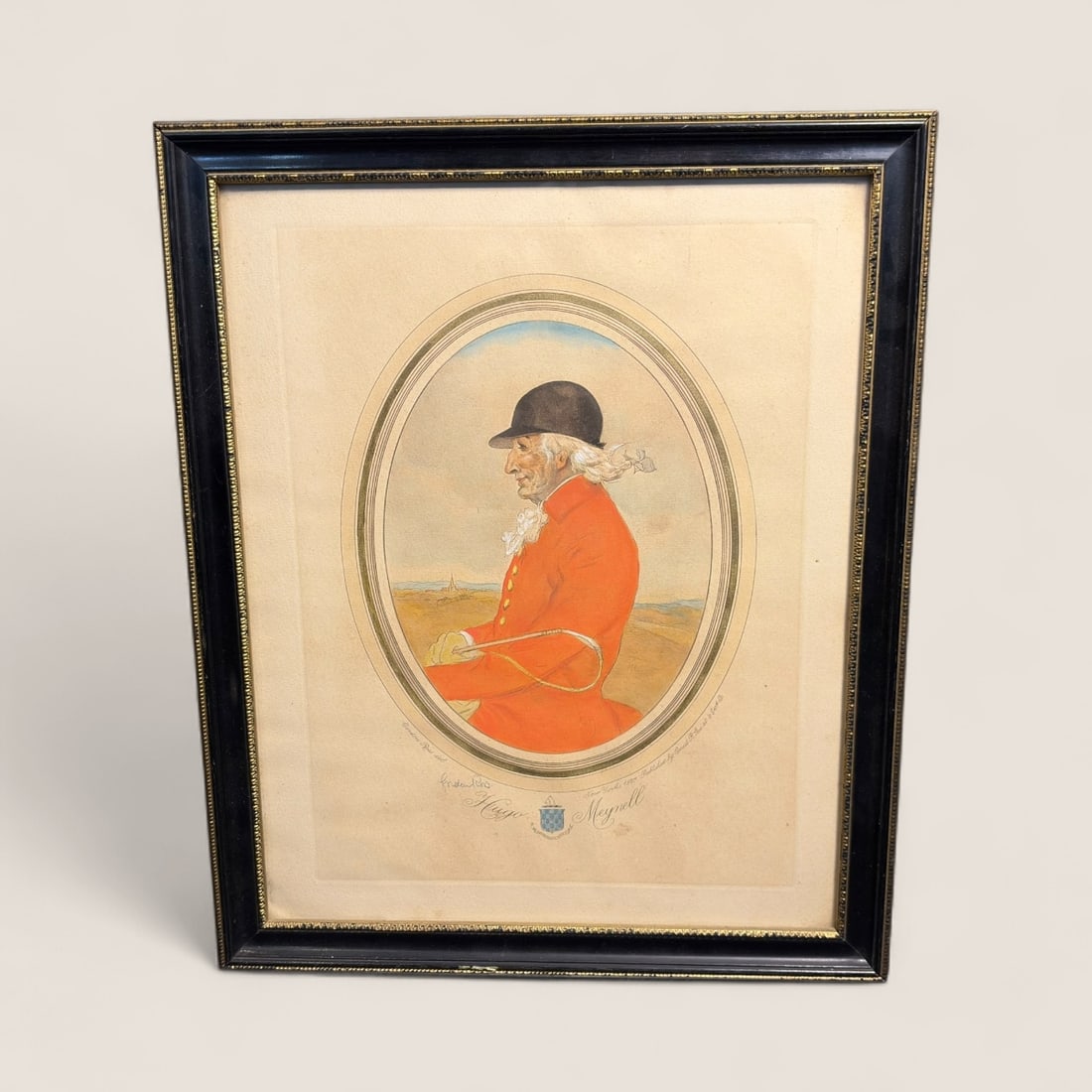 Hugo Meynell Hand Colored Etching By Gordon Ross: A hand signed " Gordon Ross " Hugo Meynell hand colored etching.of a fox hunter. Very golod