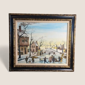 Winter Scene On Canvas Painting. Folk Art Skaters On Lake