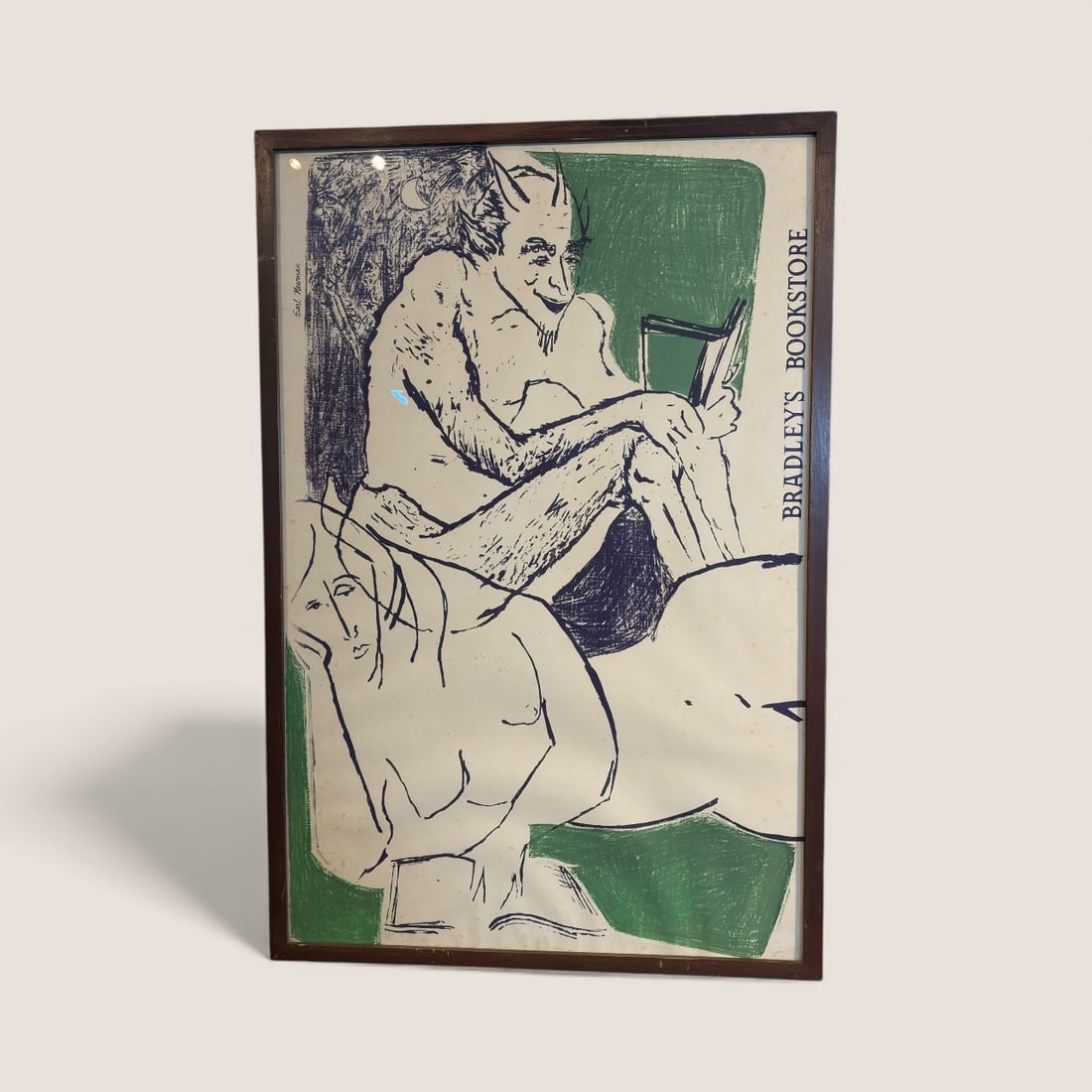 Bradley's Bookstore New York City Poster: Large vintage poster under glass.Earl Newman , Bradley's Bookstore New York City. 35 1/2 x 23 1/2. Ziebarth's is pleased to offer in-house shipping on all items purchased in our auctions. You can arra