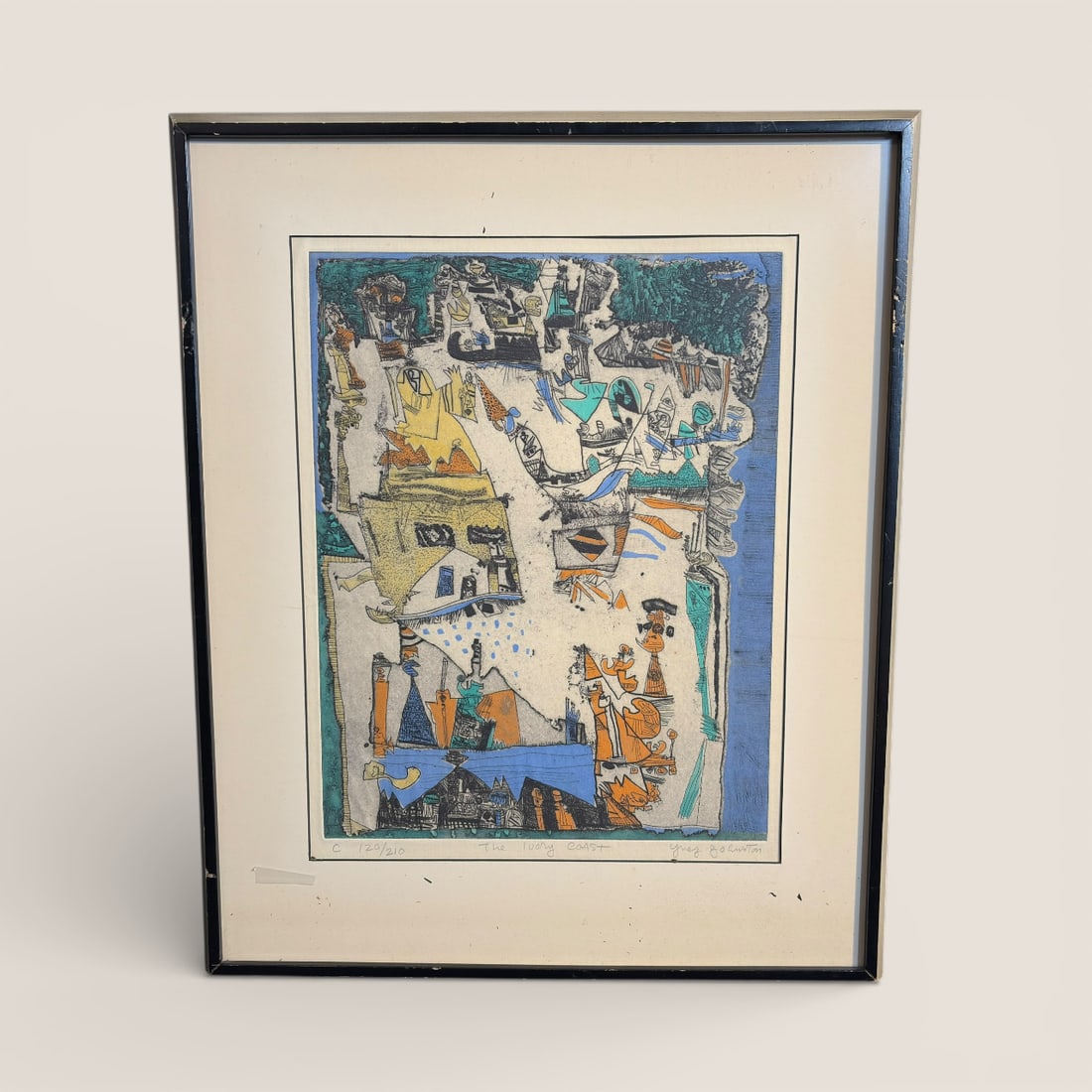1958 Color Modernist Etching & Aquatint By " Ynez Johnston ": " The Ivory Coast by " Ynez Johnston " California artist. Signed and numbered 120/210. 22 1/4 x 18 1/4 frame size Ziebarth's is pleased to offer in-house shipping on all items purchased in our auction