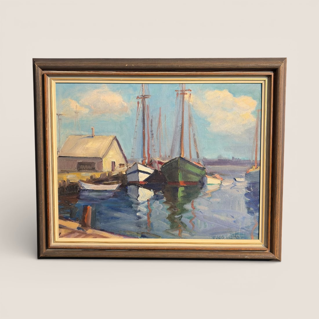 Signed Oil On Board. Harbor Scene. " A. Callesten ": Signed " A. Calleston " harbor scene oil on board. 21 3/4 x 17 3/4 frame size Ziebarth's is pleased to offer in-house shipping on all items purchased in our auctions. You can arrange for in-house ship