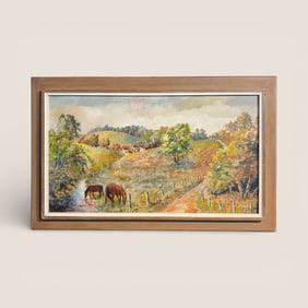 Painting On Panel Signed " L. Smith " Horses And Landscape
