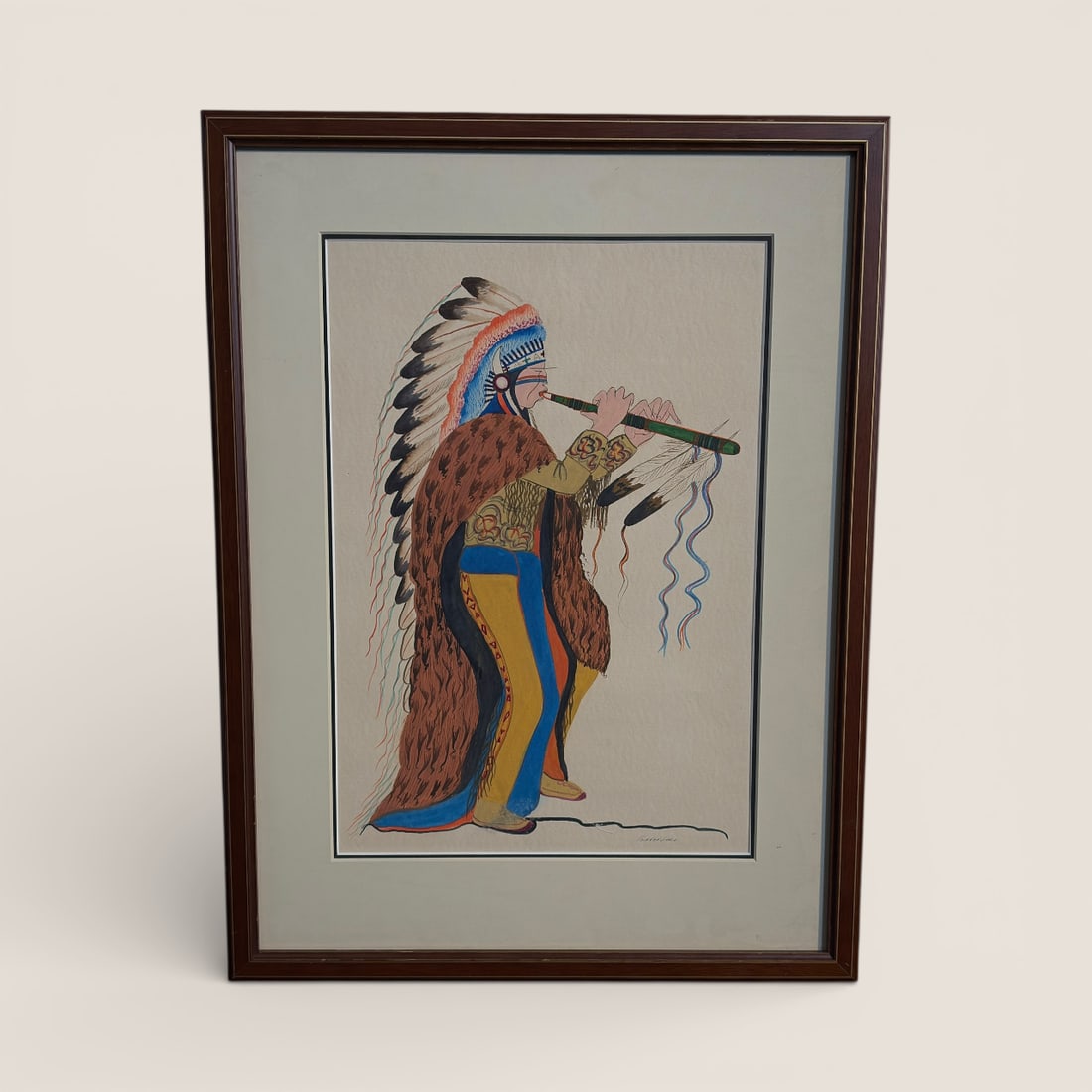 Signed Native American Playing Flute Watercolor (1 of 2)