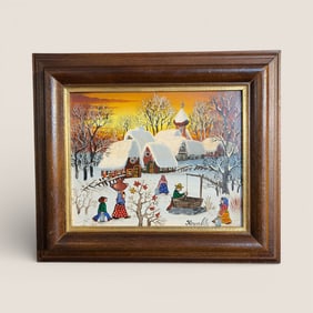 Oil On Board Winter Farm Scene. Signed " Kowalski "