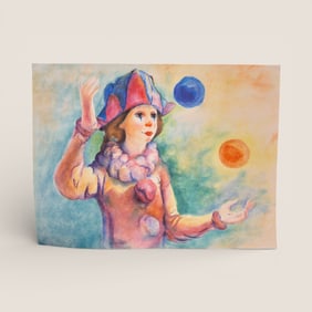 Original Signed " Girl Clown " Painting On Paper