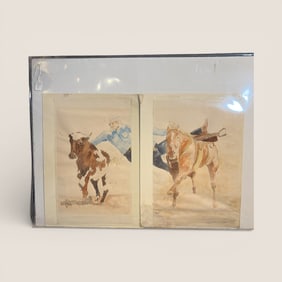2 Watercolors Signed " Hedy " Cattle Ropers