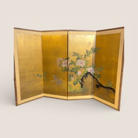 Hand Painted 4 Panel Japanese Screen