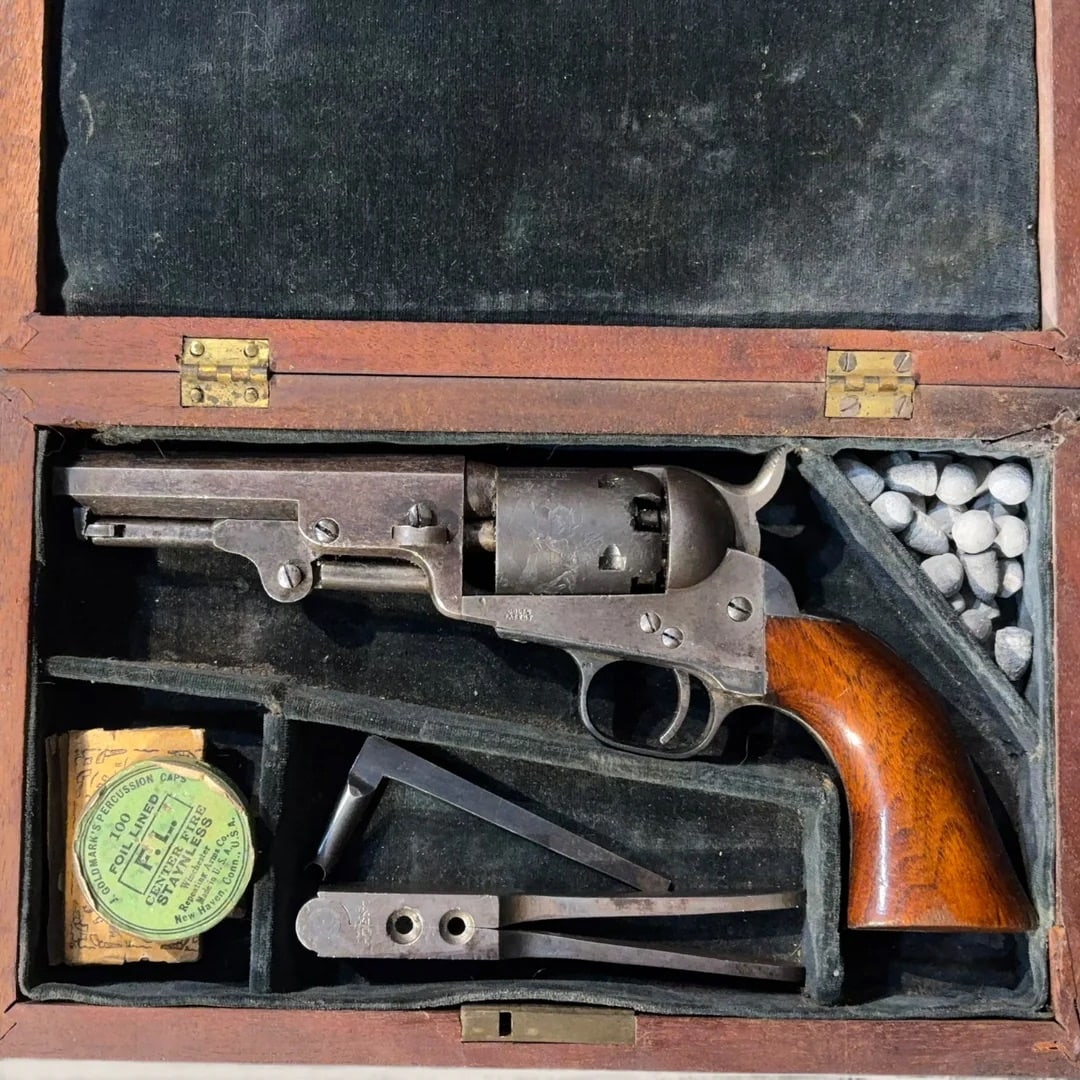 Remarkably Preserved Cased 1855 Colt Model 1849 Pocket Revolver: This exceptional Colt Model 1849 Pocket Revolver represents an unusually well-preserved example of one of Samuel Colt’s most successful 19th-century designs. Manufactured in 1855 and bearing serial