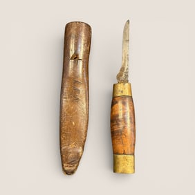 Scandinavian Antique Burl Handle Knife In Original Sheath