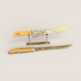 2 Large Antique Knives, One Lead Inlaid Butcher Knife & A Bread Knife