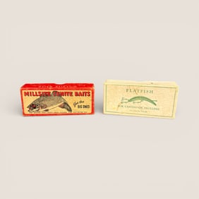 Pair Of Antique Fishing Lure Boxes, Helin Flatfish & Millsite Tenite Baits