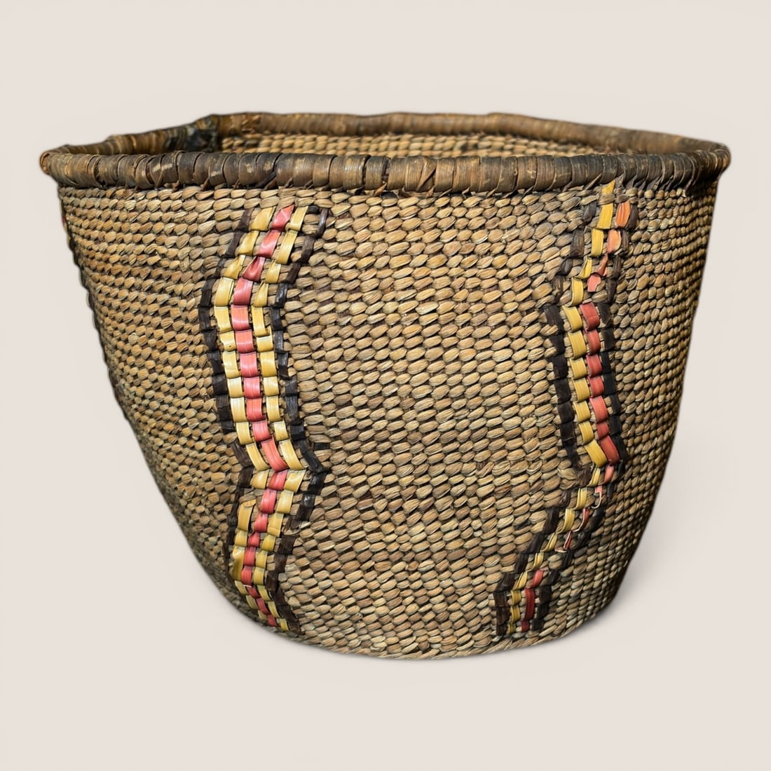 Northwest Coast Basket: Measuring approx 6 1/4 inches tall x 8.5 inches in diameter with some age expected wear. To bid with us directly, please visit Ziebarths.com (18% buyers premium). We offer affordable, in-house