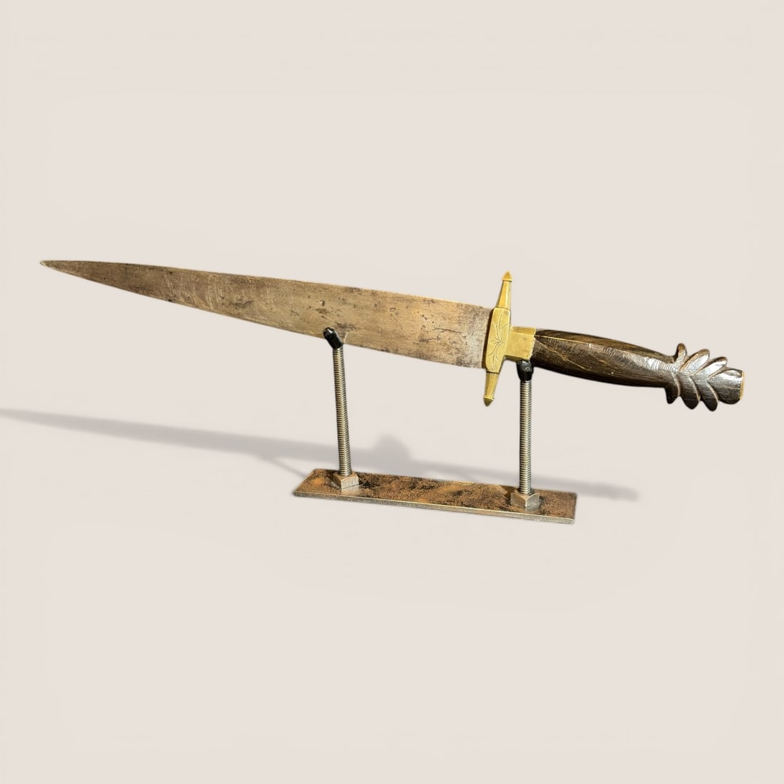 Antique 15 1/2 Inch Spearpoint Bowie Knife: Unusual 15 1/2 inch spear point bowie knife, unusual with one side flat and one side of blade beveled, brass cross guard, carved ebony handle, very good