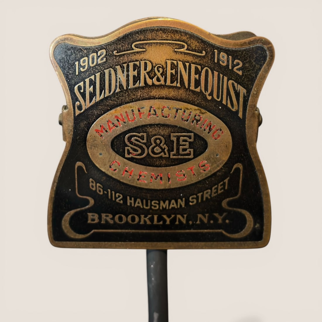 Antique Advertising Bill Letter Clip, " Seldner & Enequist Chemist " Brooklyn New York: Very good " Seldner & Enequist Chemists " 1902-1912, Brooklyn New York, bill - letter clip[ 2 1/2 x 2 1/2