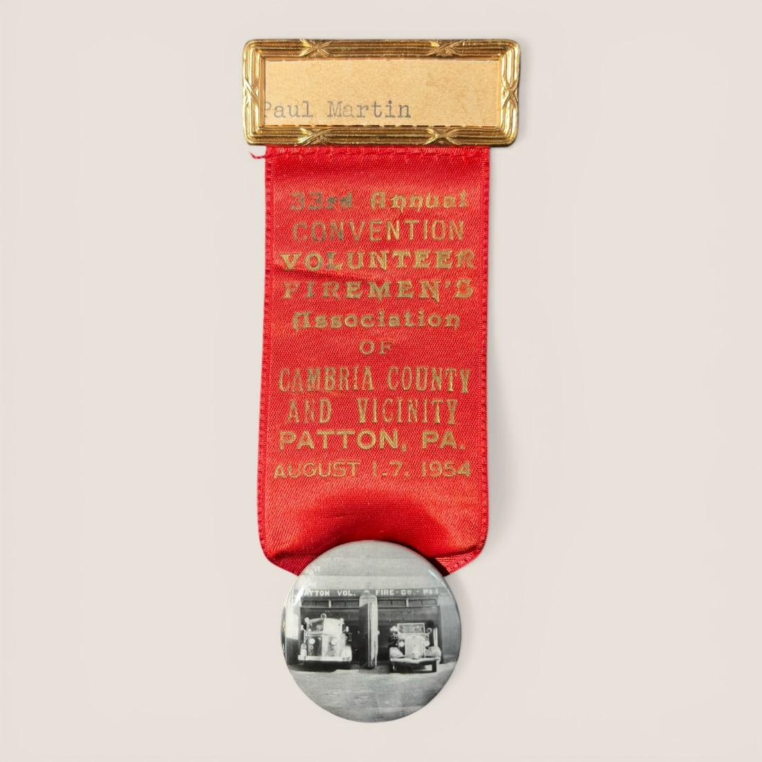 Vintage Badge And Ribbon From The 33rd Annual Convention Firemen's Association, August 1954 (1 of 1)
