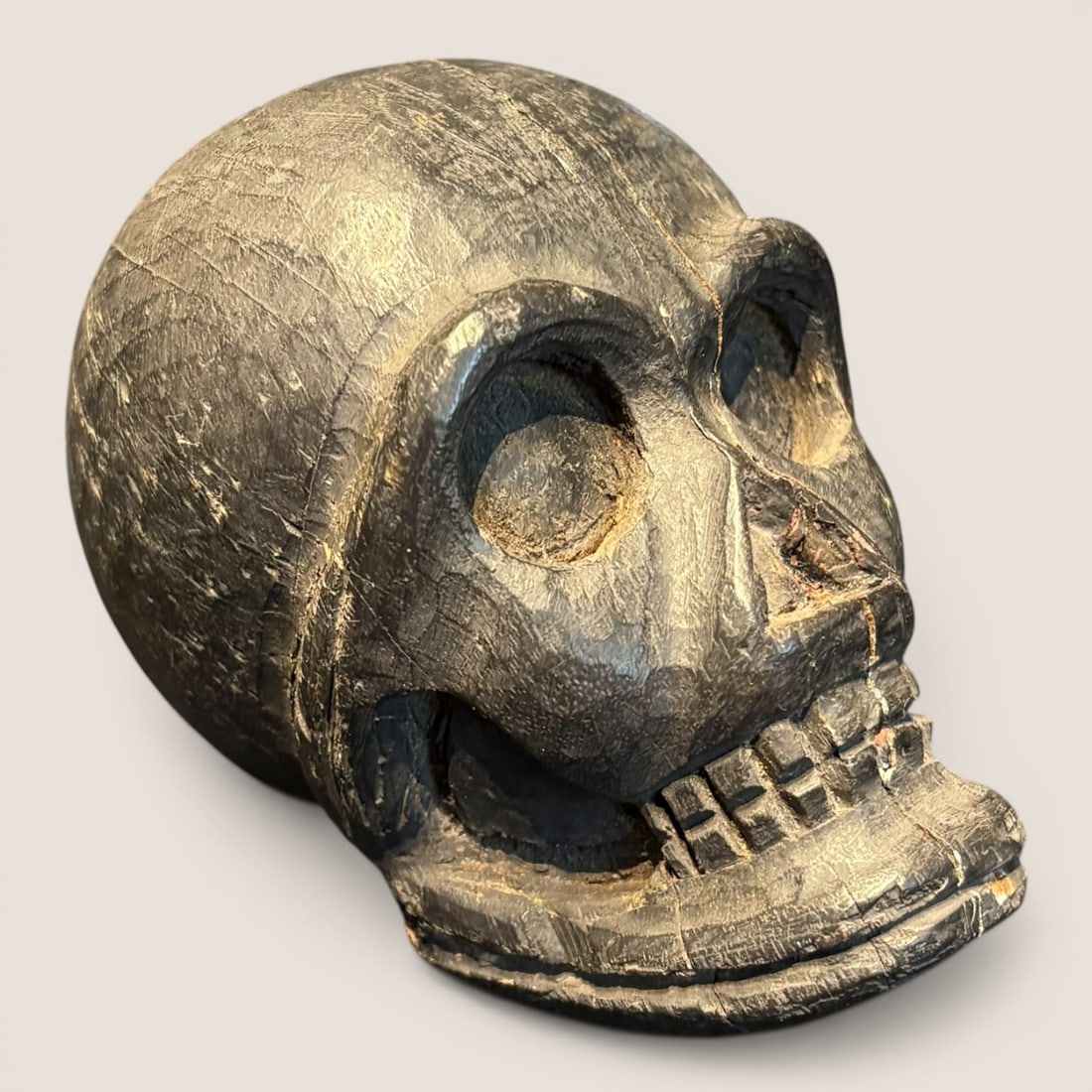 Hand Carved Wooden Skeleton Head Sculpture (1 of 2)