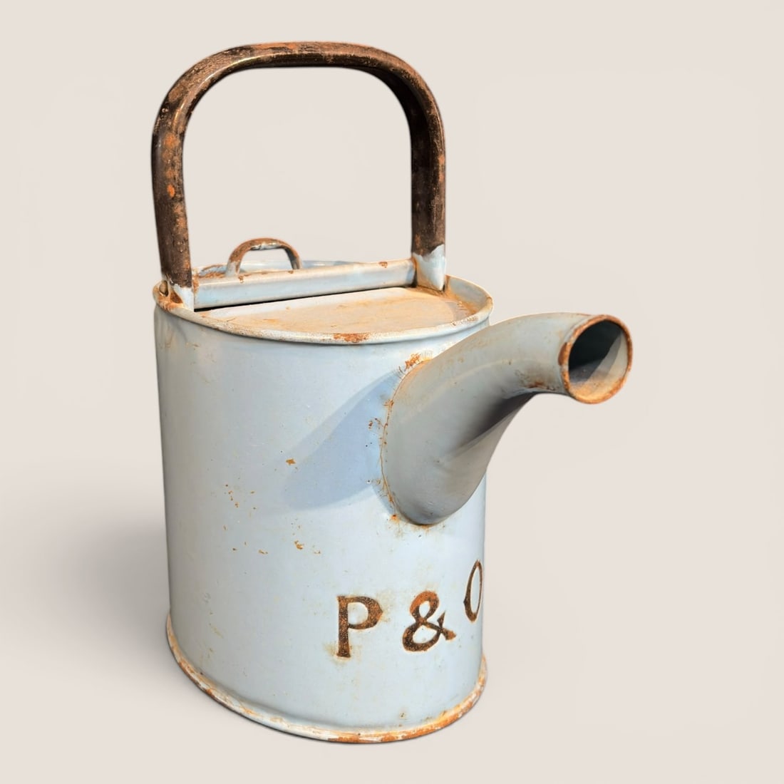 Vintage P & O Steam Navigation Company Water Can: This vintage industrial-style service pitcher or water can is marked for the Peninsular and Oriental Steam Navigation Company (P & O). The vessel is constructed of metal finished with a light blue