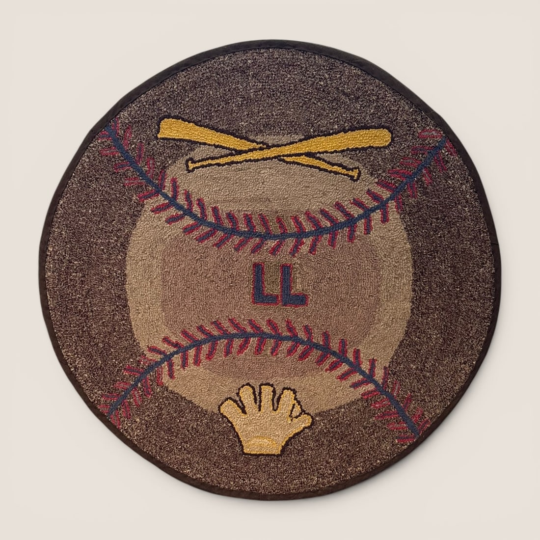 Excellent Baseball Themed Hooked Rug: Featuring a baseball, bats, and initials at center.