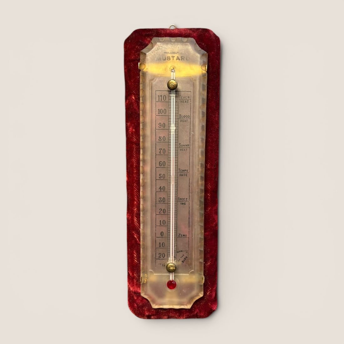 Early Glass Thermometer for Colburn's Mustard: Glass thermometer on a felt back, excellent and early.