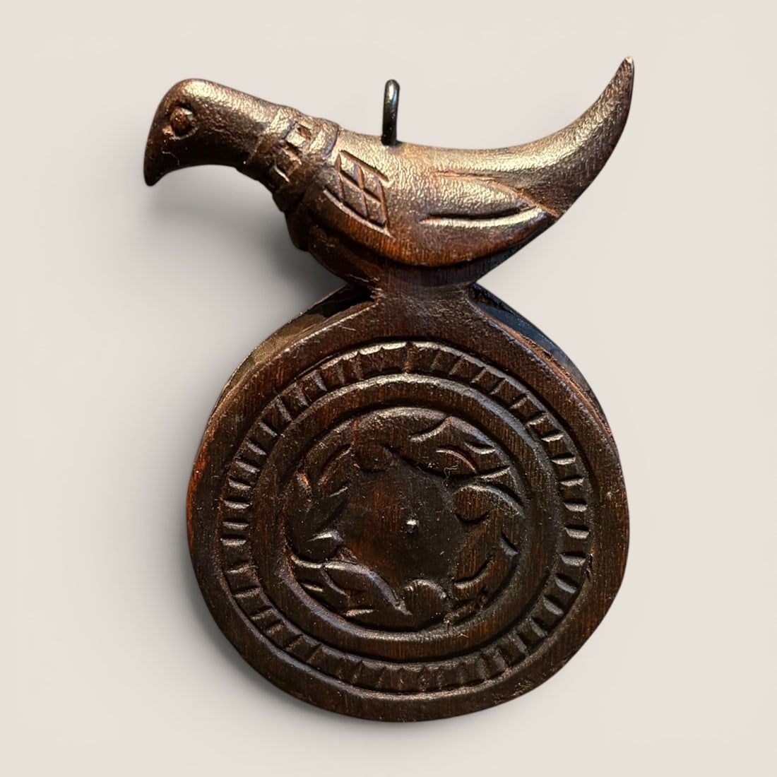 19th C. Chip Carved Wooden Pulley: Bird finial, chip carved.