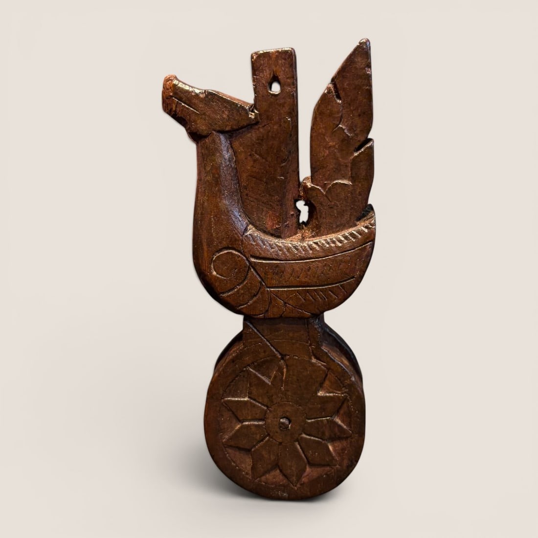 Excellent Chip Carved Wooden Pulley: Carved, with bird motif.