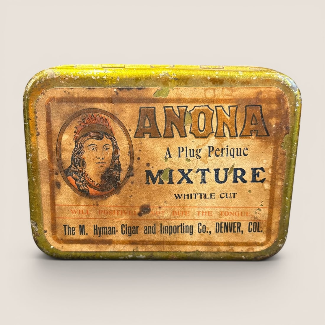 Antique Anona Plug Perique Mixture Tobacco Tin, The M. Hyman Cigar and Importing Co., Denver, (1 of 2)