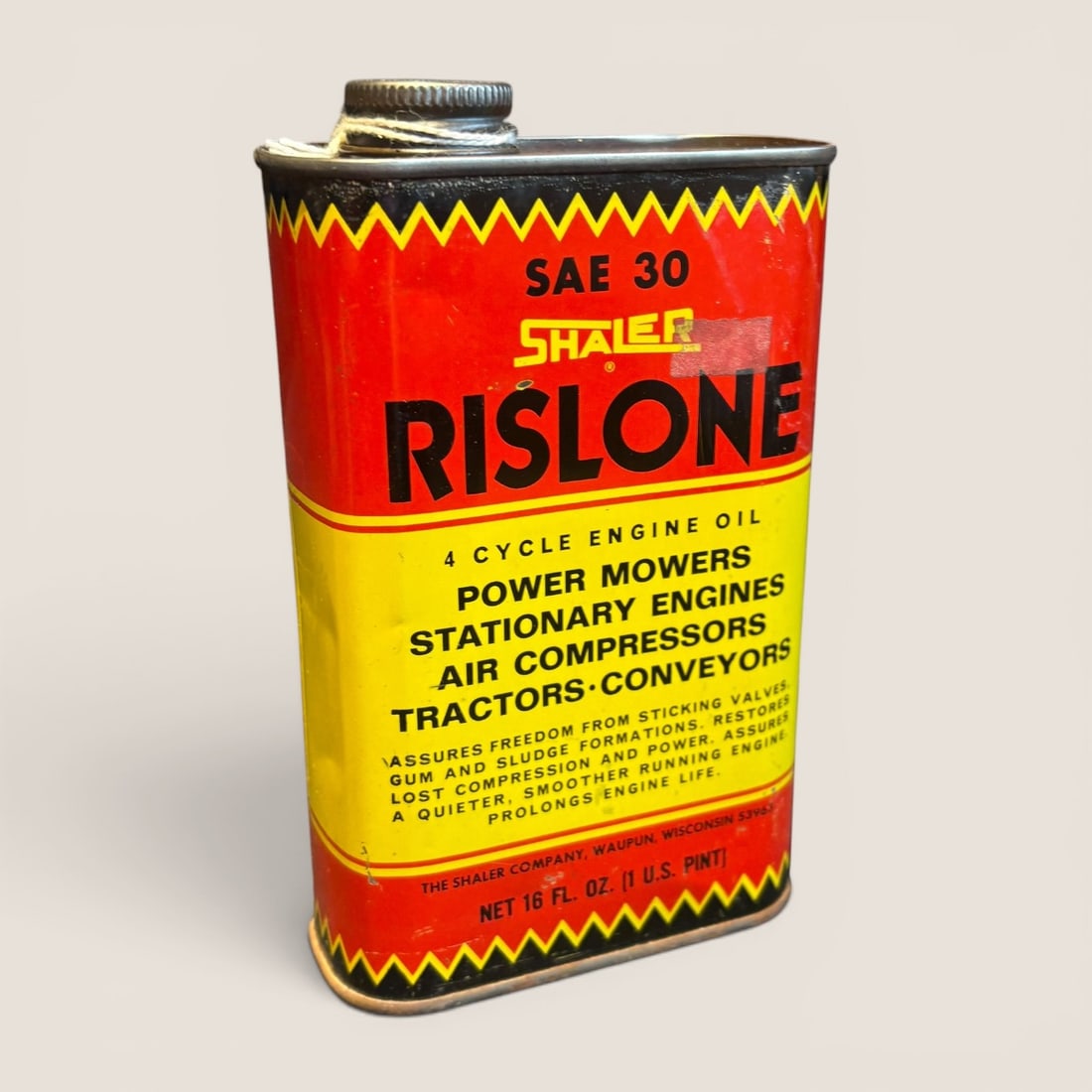 Vintage Shaler Rislone 1-Pint SAE 30 4-Cycle Engine Oil Can (1 of 2)