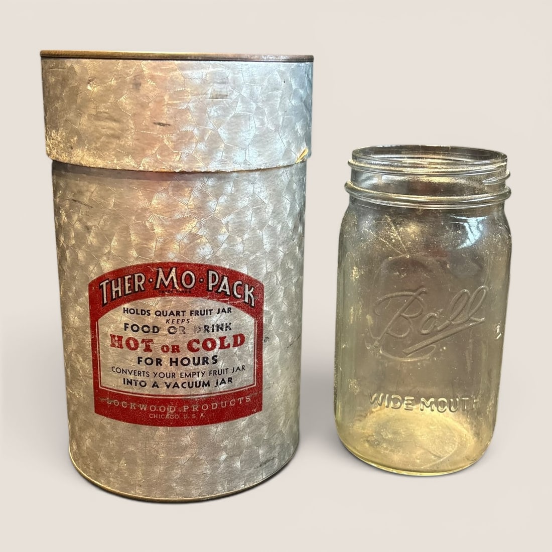 Two Piece Vintage Lockwood Products Ther-Mo-Pack Insulated Canister and Ball Wide Mouth Glass Jar (1 of 2)