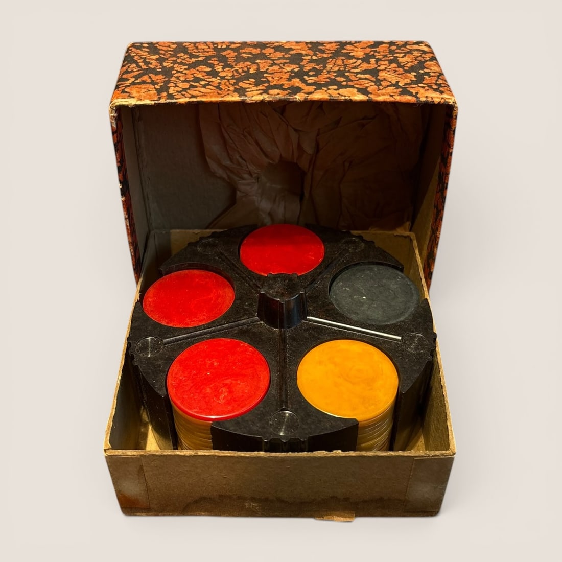 A Set of Vintage Marbled Bakelite and Catalin Style Poker Chips in Revolving Caddy and Original Box (1 of 1)