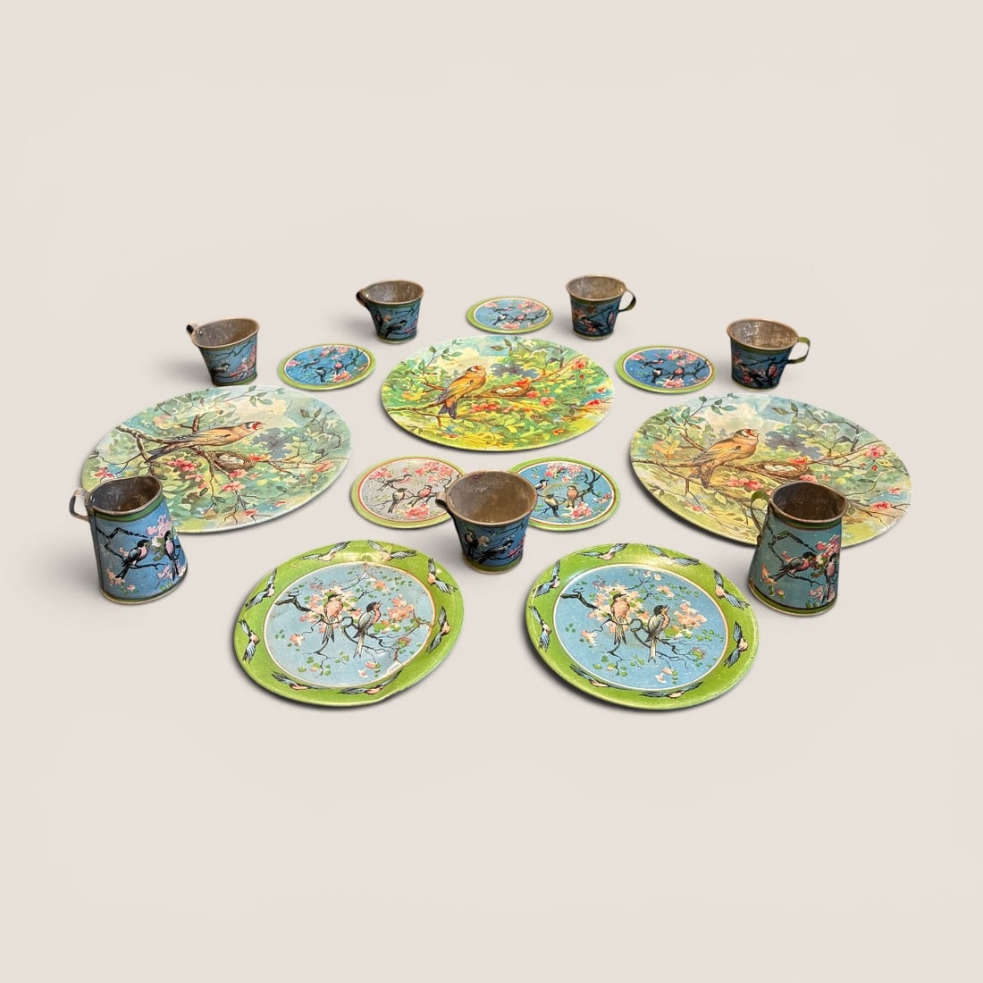 Antique 17 Piece Tin Childs Tea Set With Birds (1 of 2)