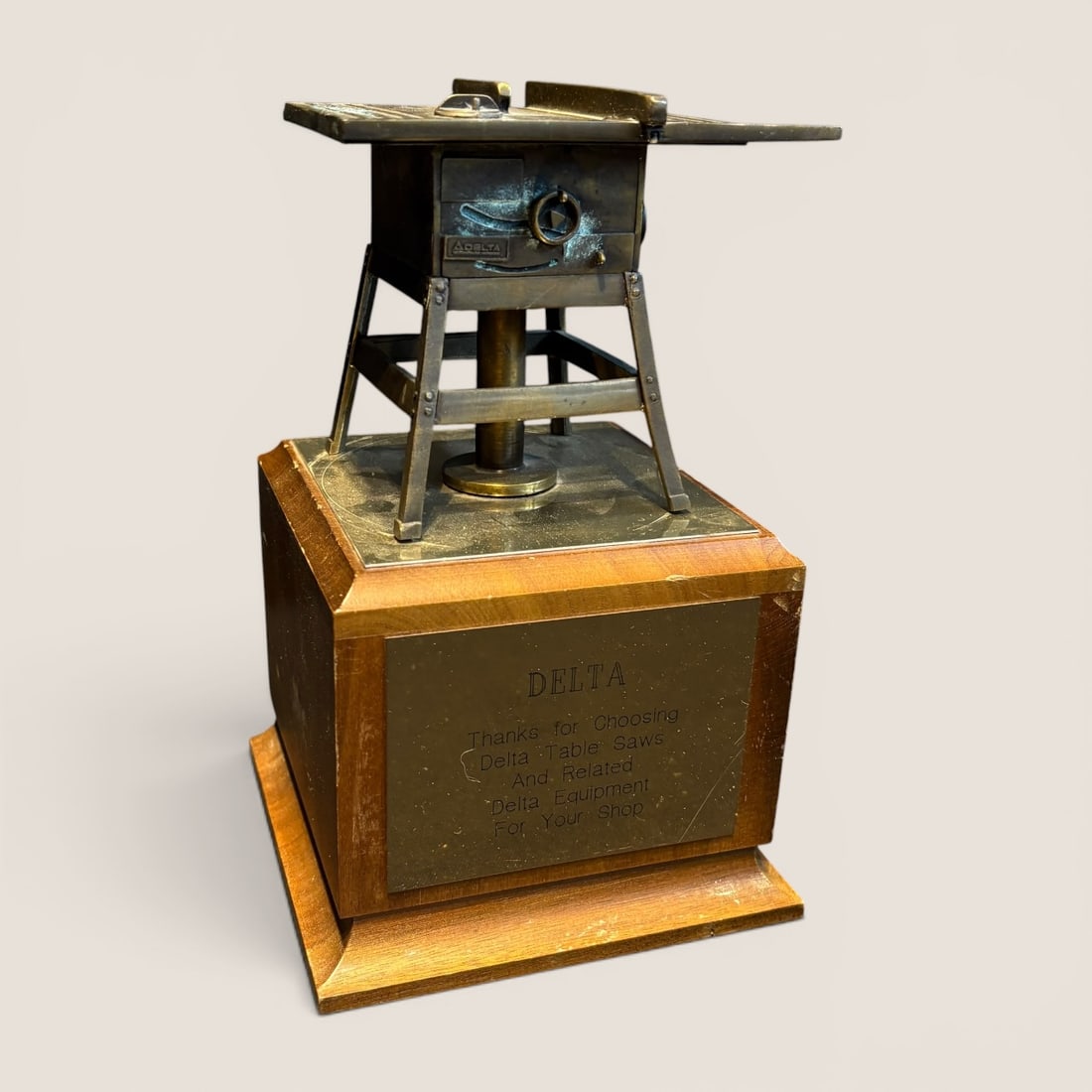 Unique Vintage Salesman Sample Delta Table Saw: Great unique Delta Table Saw salesman sample giveaway, Miniature Delta table saw on base inscribed " DELTA Thanks for Choosing Delta Table Saws and Related Delta Equipment for your shop ", Total heigh