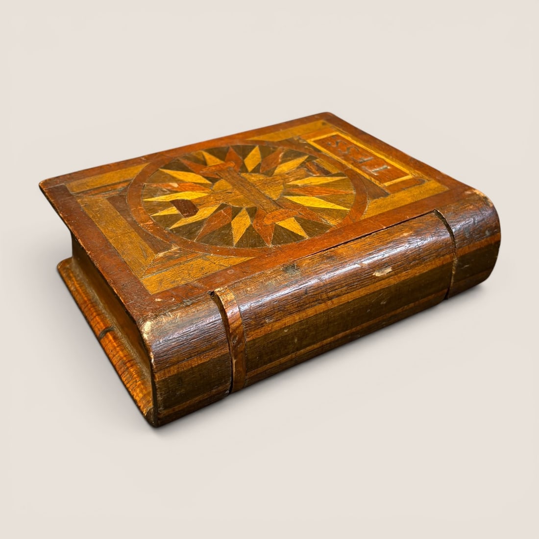 Antique Inlaid Wood Book Box With Drawer: Super 19th century inlaid wood book box with drawer, Inlaid designs with the word " Tess " inscribed on front, drawer pulls out from side. Great piece of 19th century Americana ! 7 1/2 x 6 x 2