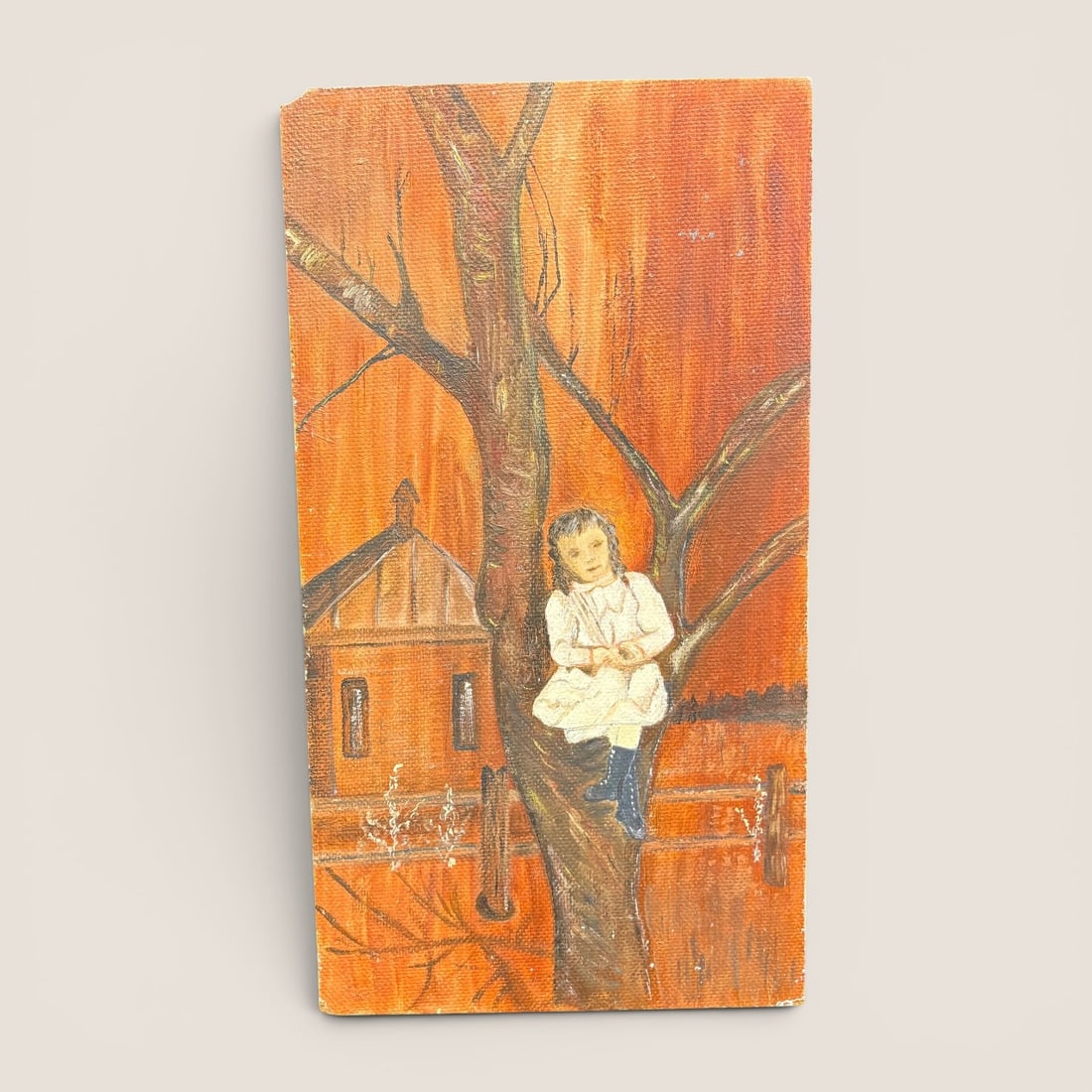 Antique Folk Art Painting Of Little Girl In Tree (1 of 1)