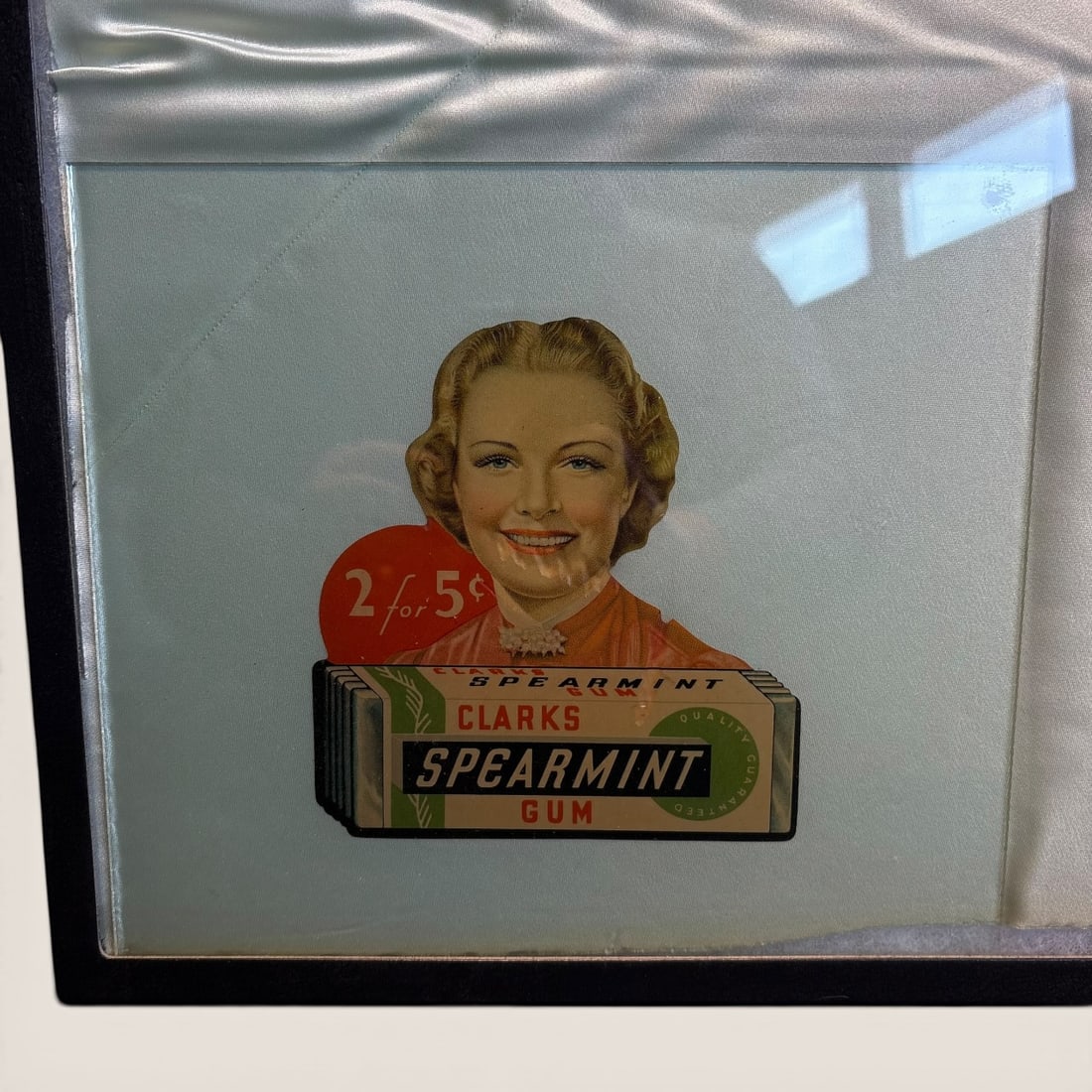 Vintage Glass Clarks Spearmint Gum Sign: Vintage glass sign with decal of woman - Clarks Spearmint Gum 2/5 cents, 10 x 8 1/2, very good