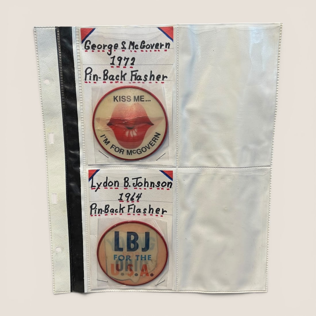 1964 Lyndon B Johnson & 1972 George S. McGovern Flasher Pin Back Political Buttons (1 of 1)