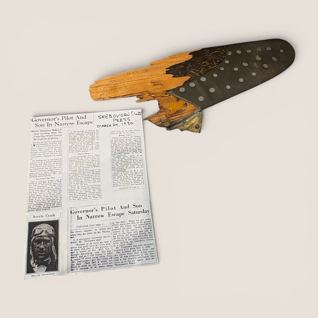 Item Of HISTORICAL Significance ! 1930 Piece Of Airplane Wing Tip From Governor's Plane: A real piece of Wisconsin history, In 1930 the governor's plane crashed, here\ is a piece of the wing tip along with article about the crash !