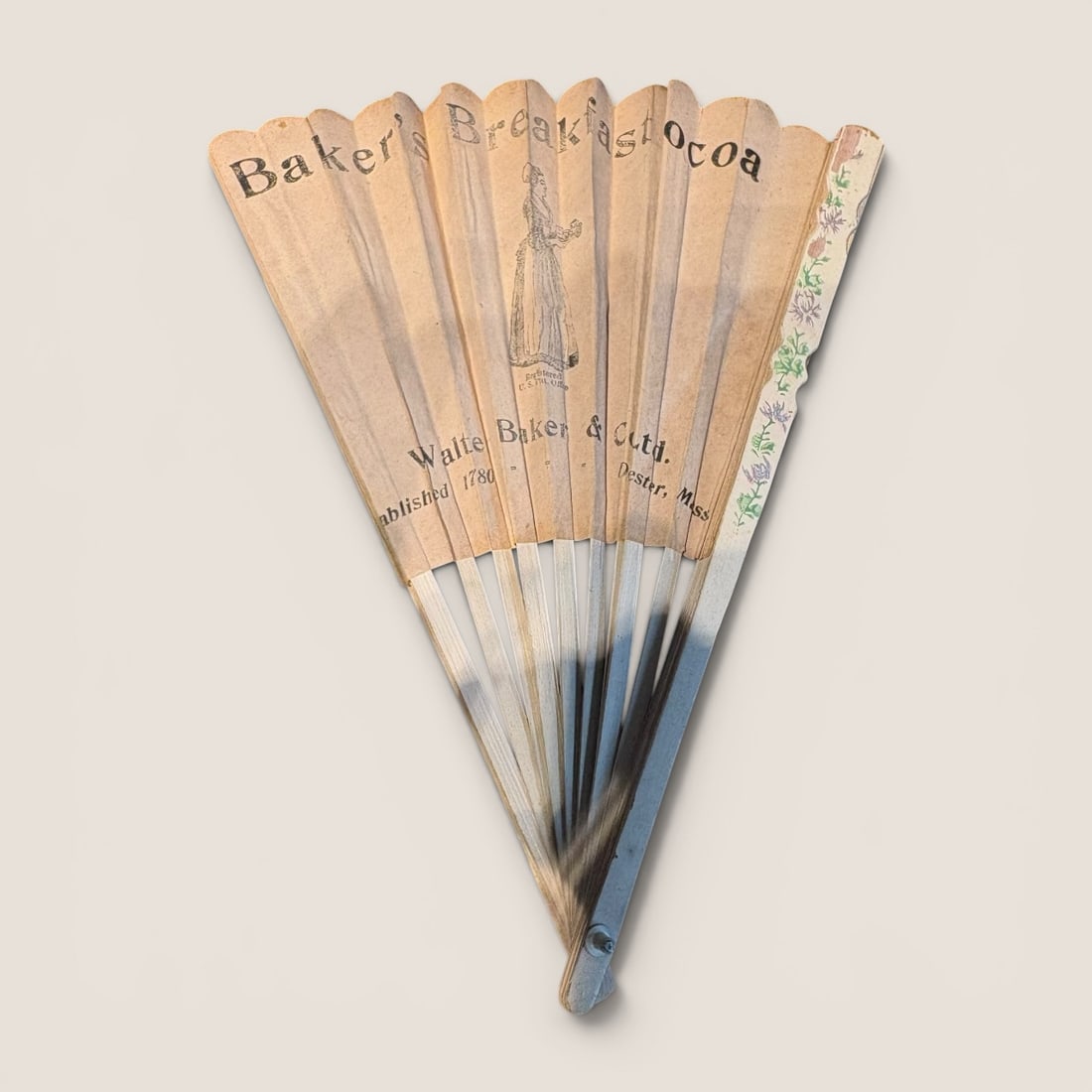1880-1910 " Baker's Cocoa Advertising Hand Fan ": Good antique ": Bakers Cocoa Advertising Hand Fan ", 9 inches, excellent condition