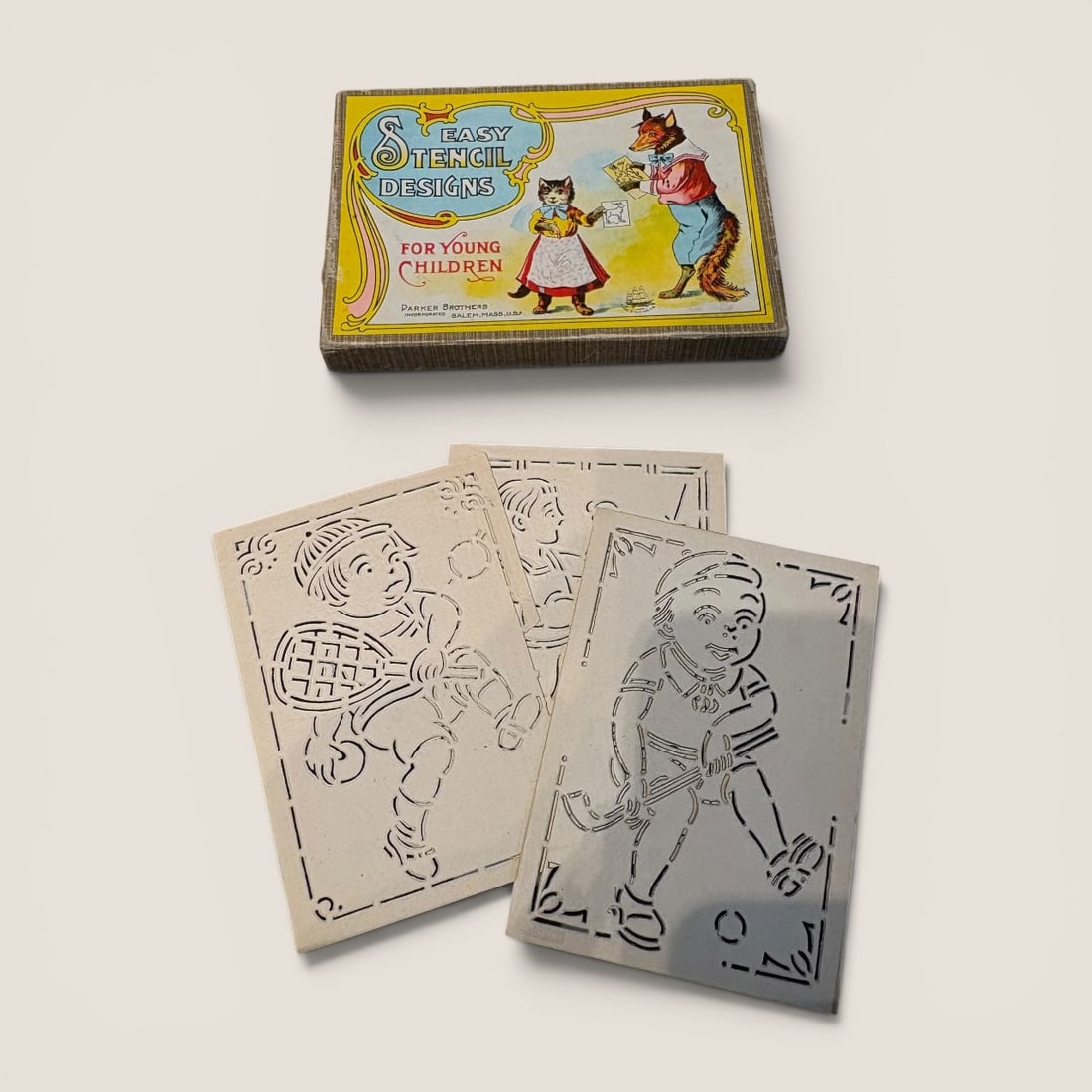19th Century Parker Brois. Boxed Stencils For Young Children: Great graphics on the early children's boxed stencil set by Parker Bros.