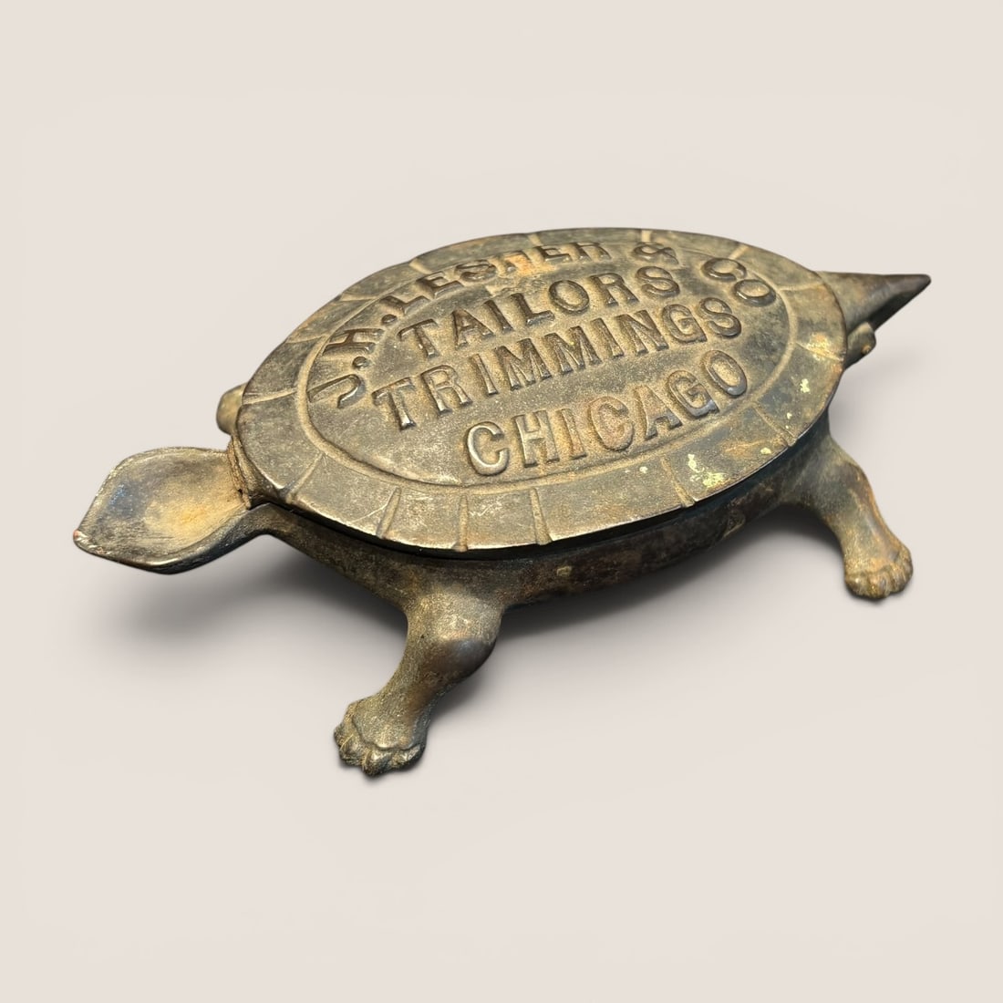 Antique Cast Iron Advertising Turtle Match Holder: Antique cast iron " J.H. Lesmer & Co. Tailors Trimmings Chicago ", 5 1`/4 inch, turtle match holder excellent
