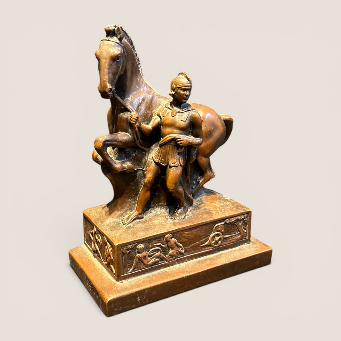 Rare Jennings Brothers Bronze Horse Statue: Rare vintage [ JB 1528 ], bronze horse statue with indian, Jennings Brothers maker, 5 1/2 x 3 1/2 x 7, excellent patina and condition