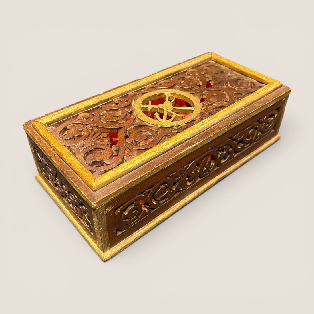 !903 Open Fretwork Hinged Lid Box: Very nice dated 1903 open fretwork box, hinged lid, original finish and paint, 10 1/2 x 5 1/2 x 3, excellent original condition