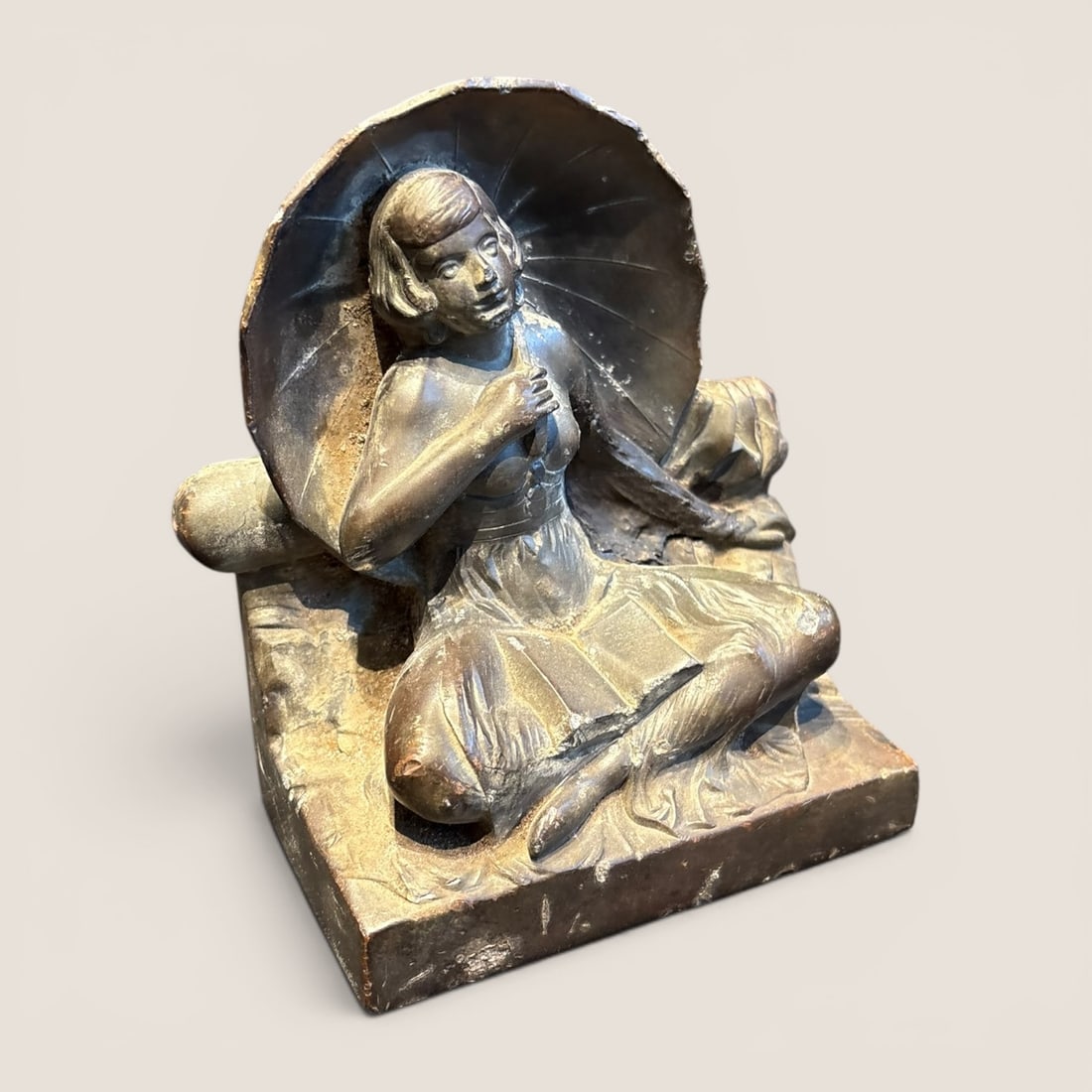 Heavy Metal Art Deco Figural Desk Piece: Vintage " Nude Beach Lady With Umbrella ", metal bookend, 5 x 3 x 6