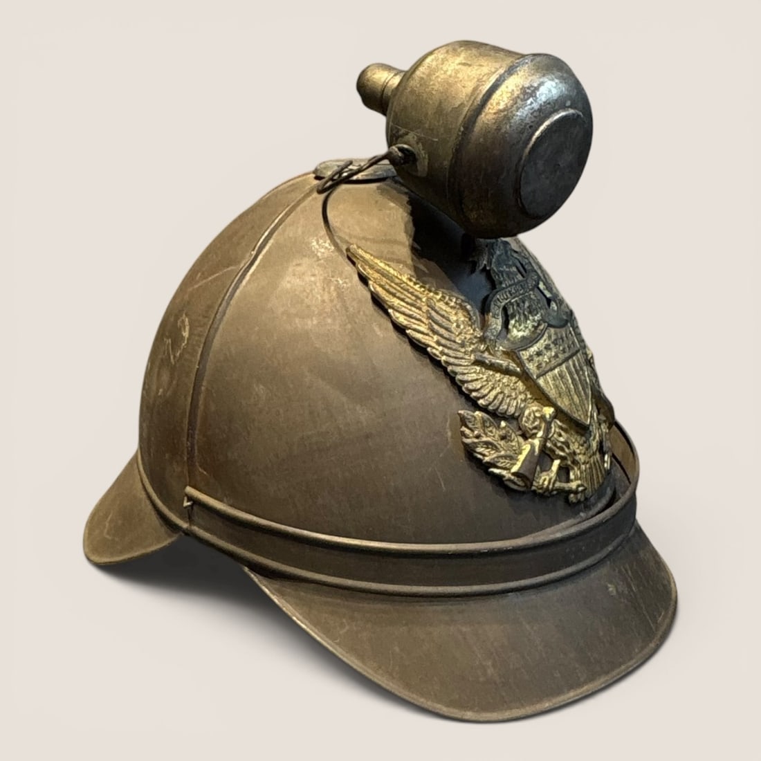 Rare Antique US Helmet With Tin Oil Lamp On Top (1 of 2)