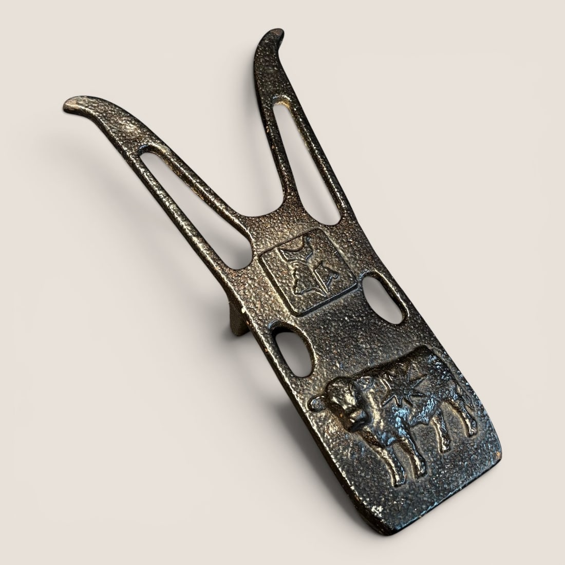 Rare Late 1800's Iron Bootjack With Embossed Cow Etc (1 of 2)