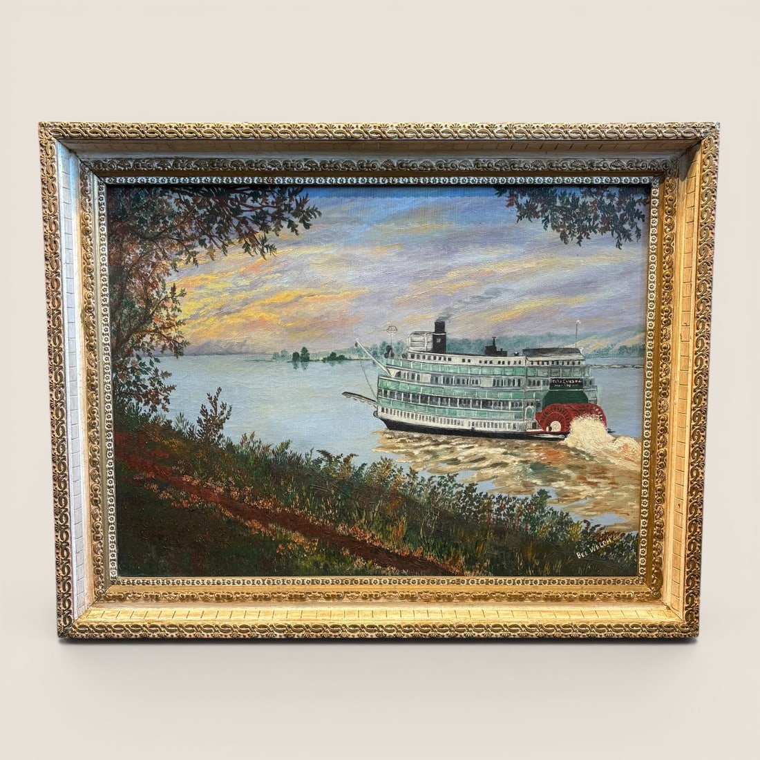 Vintage Steamship Oil On Canvas Painting: Signed " Bee Welch " Steamship oil on canvas painting, 28 x 22 frame size, excellent original conditionWe provide in-house shipping on all items in the auction. Bid directly at Bid.Ziebarths.com for a