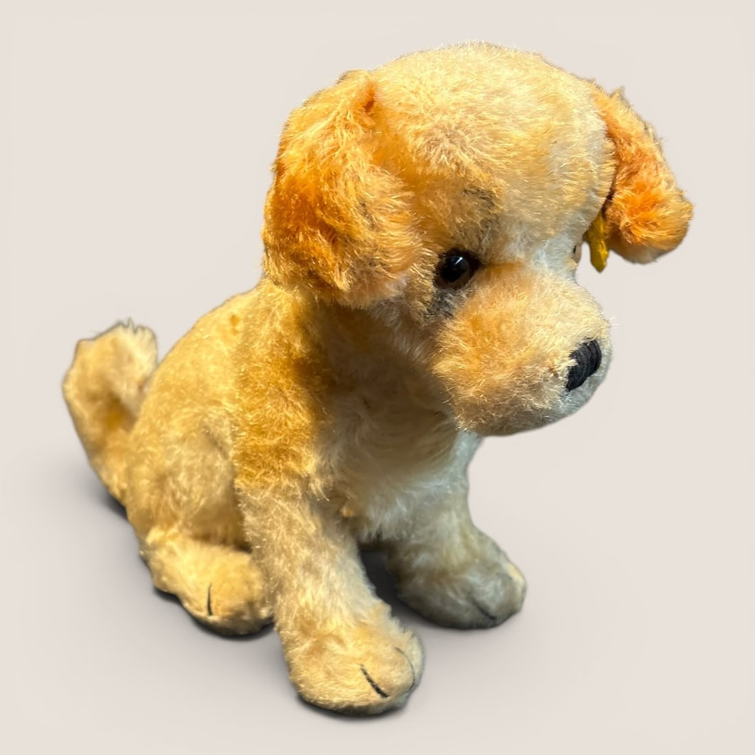 Vintage Steiff Seated Dog: Vintage Steiff seated dog, button in ear, 11 long x 8 tall, excellentWe provide in-house shipping on all items in the auction. Bid directly at Bid.Ziebarths.com for a lower buyers premium (18%).